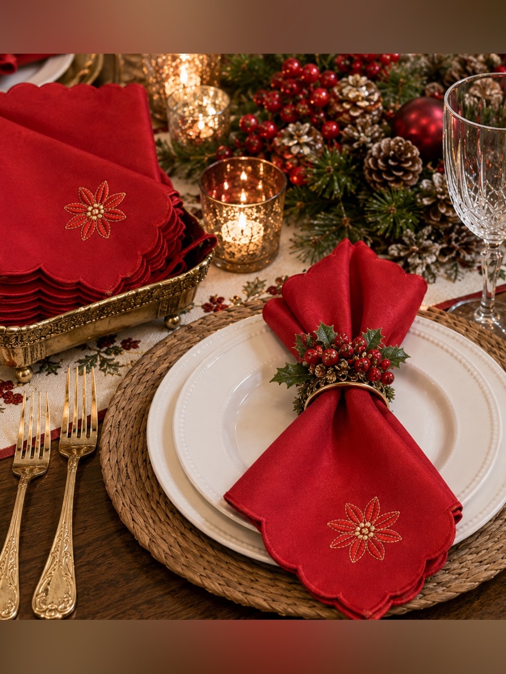 Set of 5 Red Embroidered Poinsettia Holiday Cloth Napkins Scalloped Edge Linens